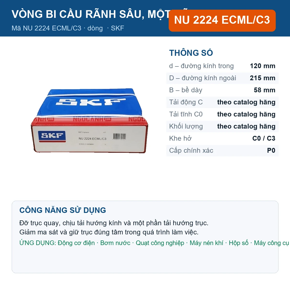 Vòng bi SKF NU 2224 ECML/C3 — kích thước 120x215x58mm