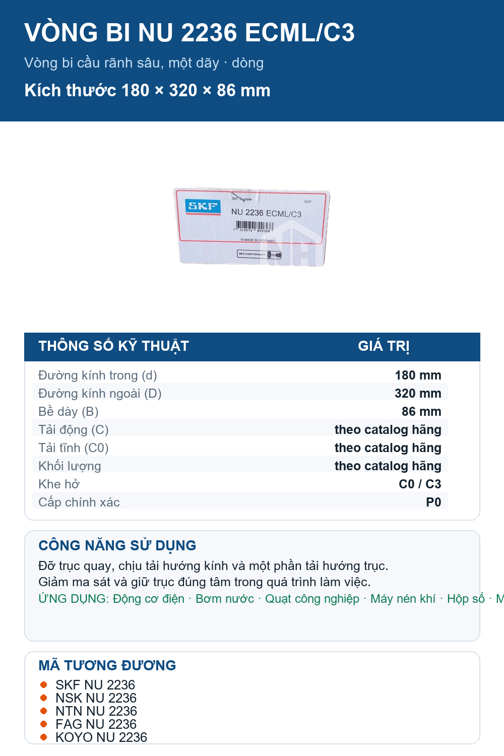 Vòng bi SKF NU 2236 ECML/C3 180x320x86mm — Ảnh thông số (Pinterest)