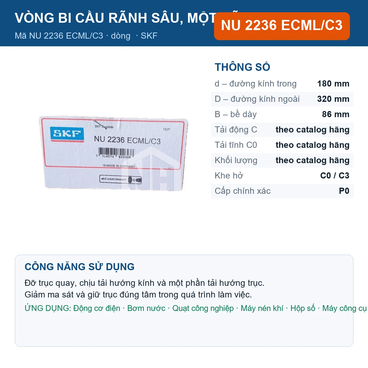 Vòng bi SKF NU 2236 ECML/C3 — kích thước 180x320x86mm