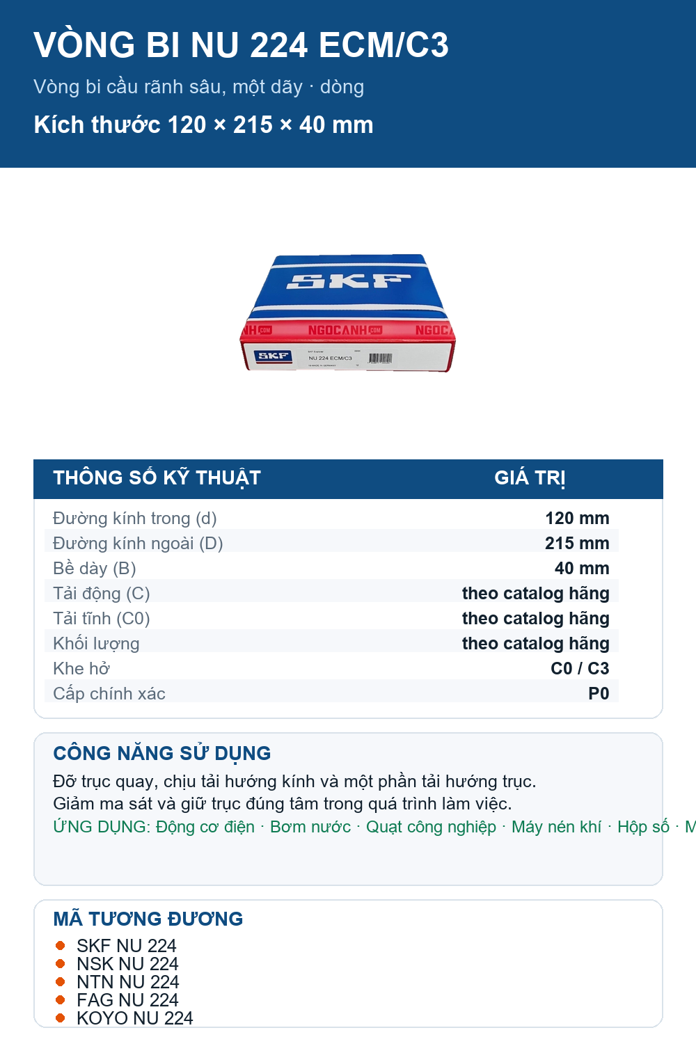 Vòng bi SKF NU 224 ECM/C3 120x215x40mm — Ảnh thông số (Pinterest)