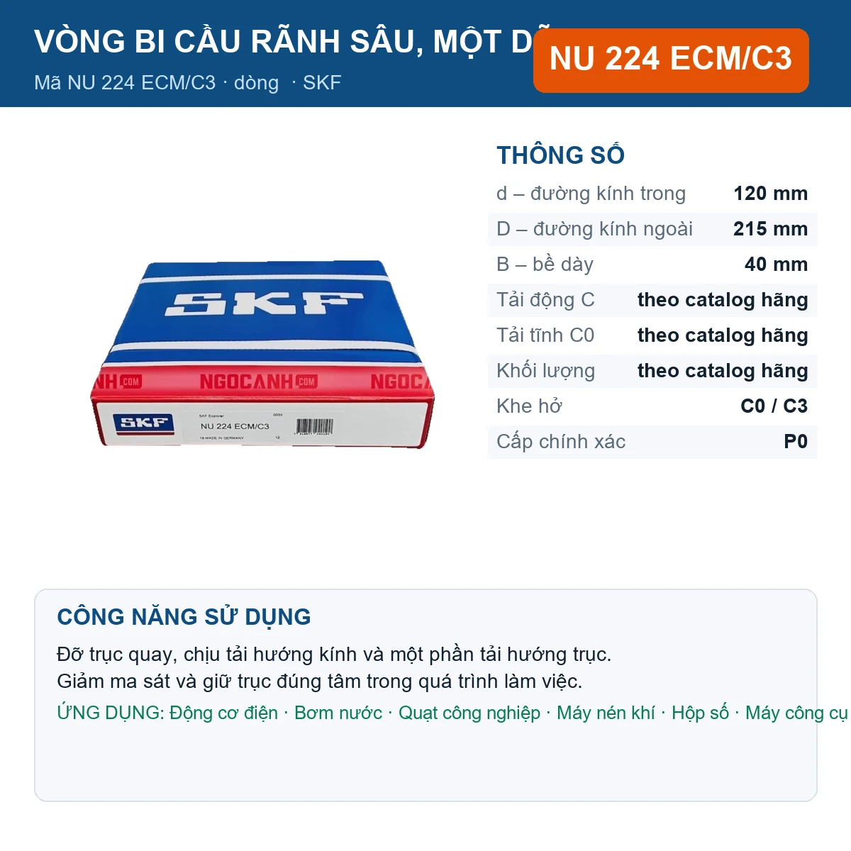 Vòng bi SKF NU 224 ECM/C3 — kích thước 120x215x40mm