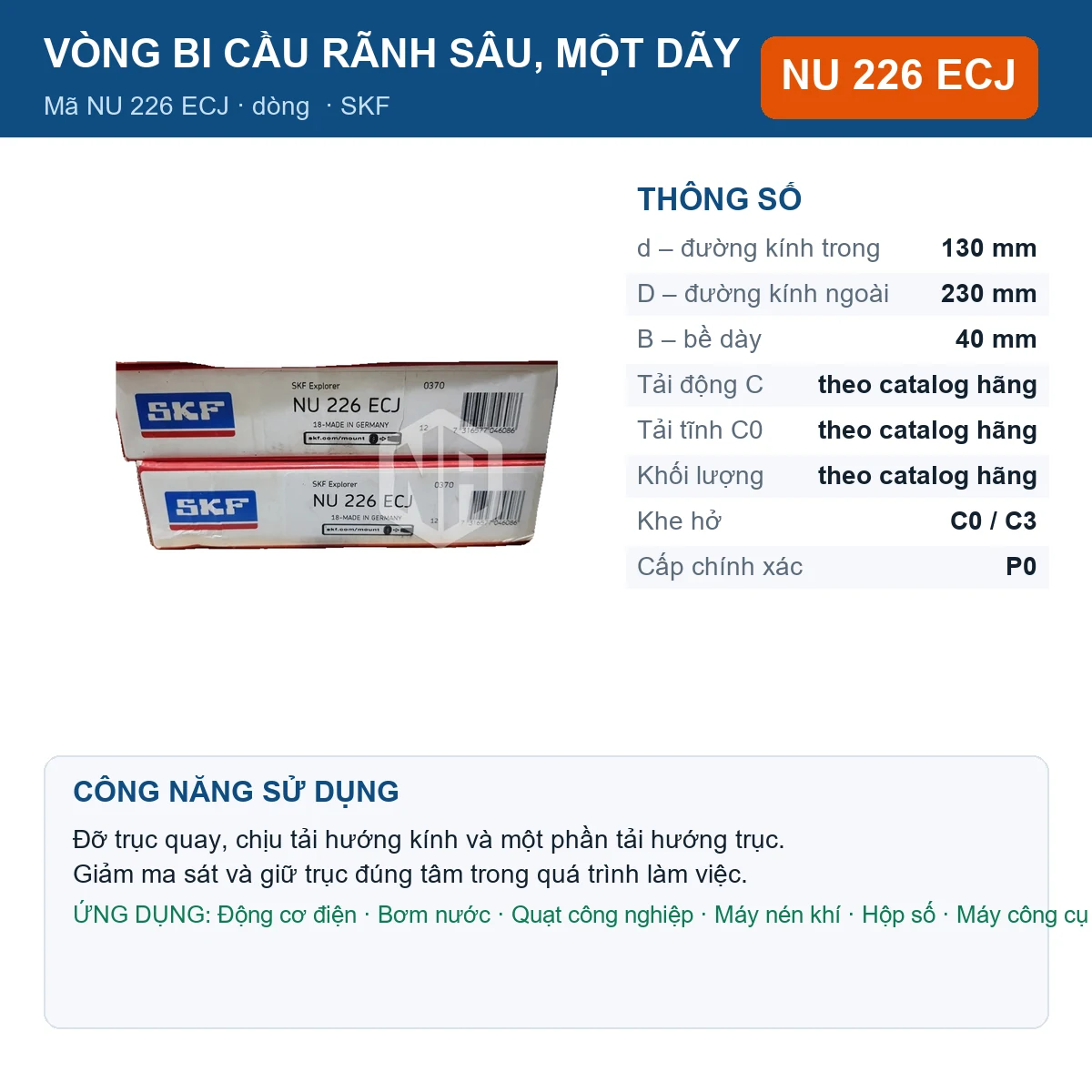 Vòng bi SKF NU 226 ECJ — kích thước 130x230x40mm
