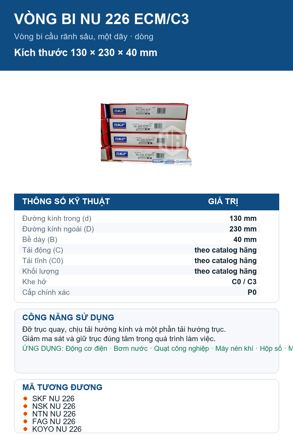 Vòng bi SKF NU 226 ECM/C3 130x230x40mm — Ảnh thông số (Pinterest)