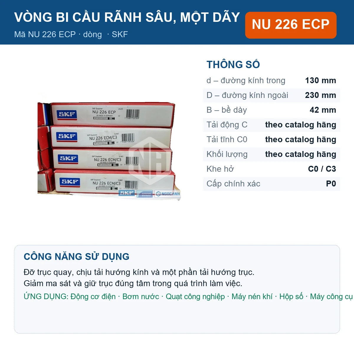 Vòng bi SKF NU 226 ECP — kích thước 130x230x42mm