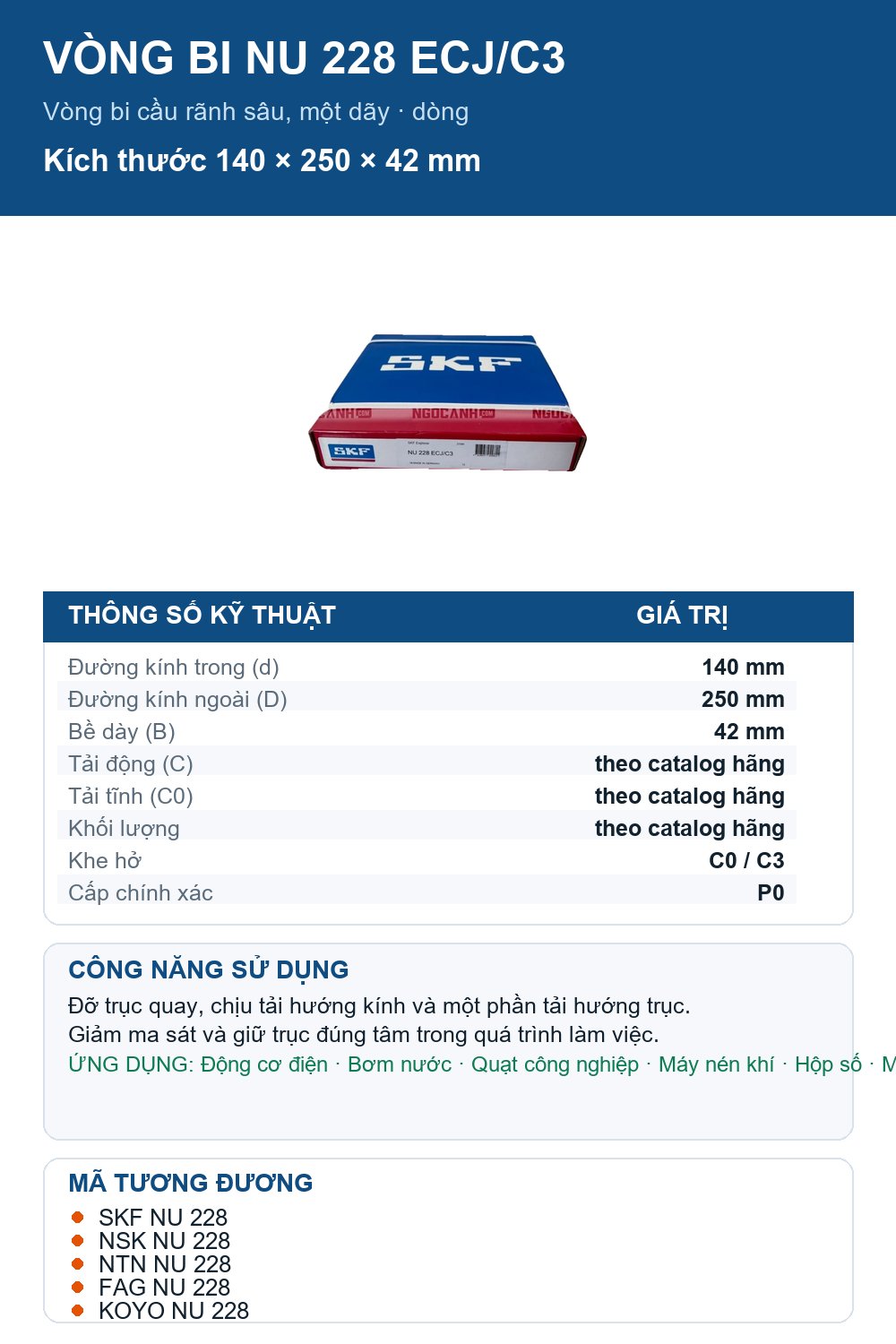 Vòng bi SKF NU 228 ECJ/C3 140x250x42mm — Ảnh thông số (Pinterest)