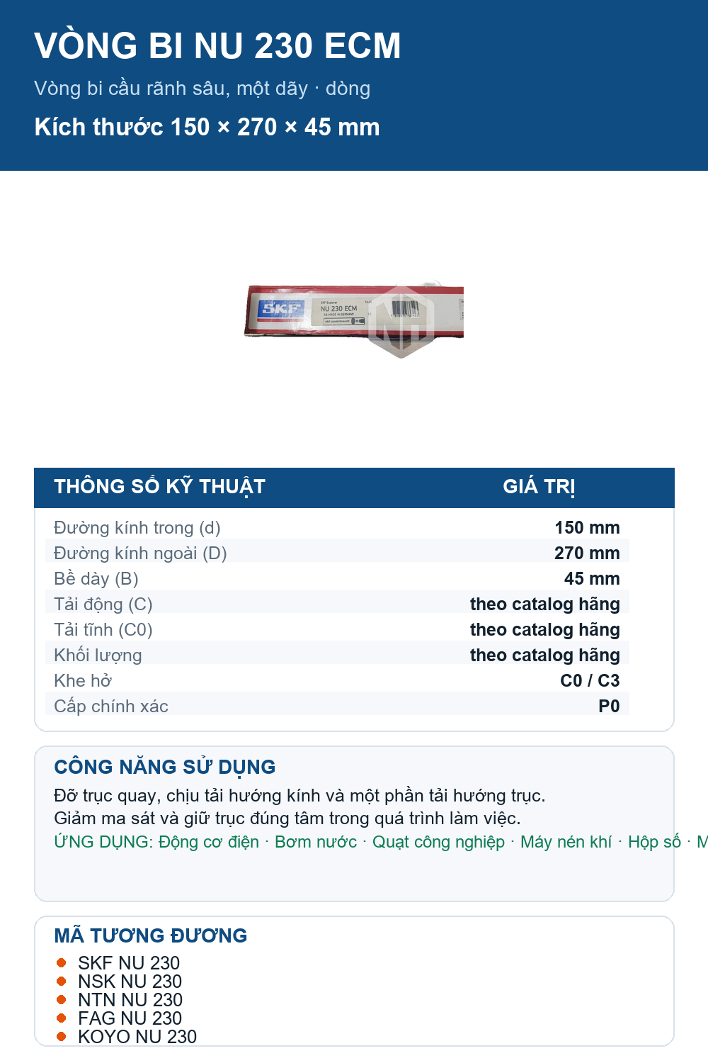 Vòng bi SKF NU 230 ECM 150x270x45mm — Ảnh thông số (Pinterest)