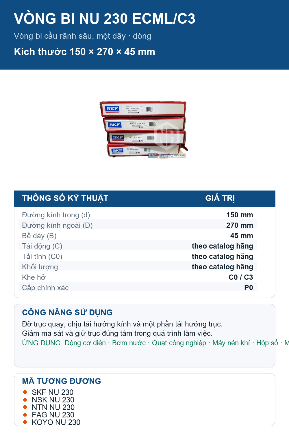Vòng bi SKF NU 230 ECML/C3 150x270x45mm — Ảnh thông số (Pinterest)