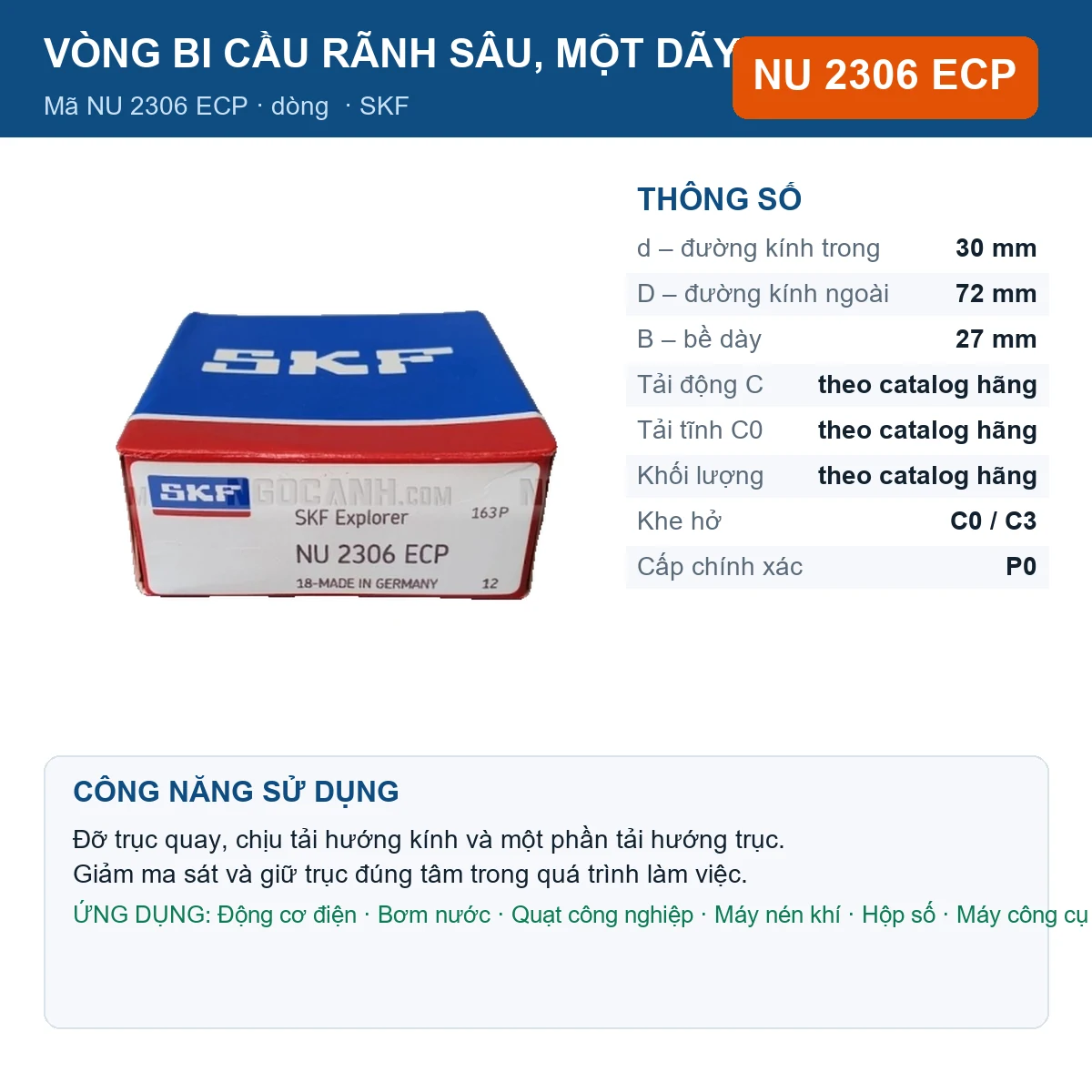 Vòng bi SKF NU 2306 ECP 30x72x27mm — Ảnh đăng sản phẩm (web)