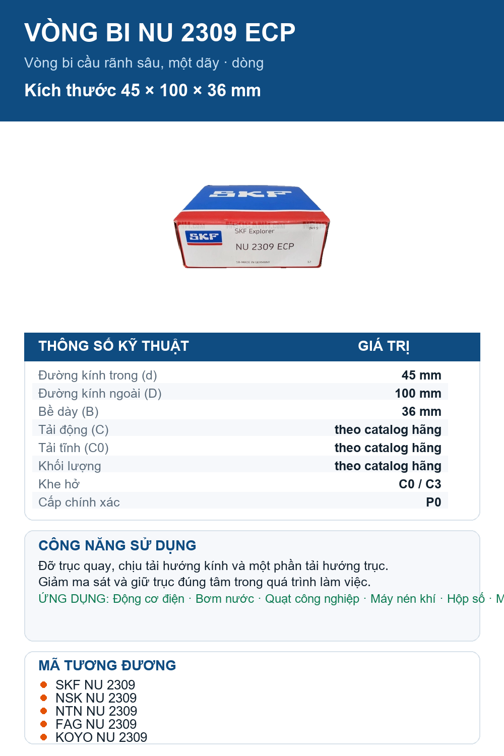 Vòng bi SKF NU 2309 ECP 45x100x36mm — Ảnh thông số (Pinterest)