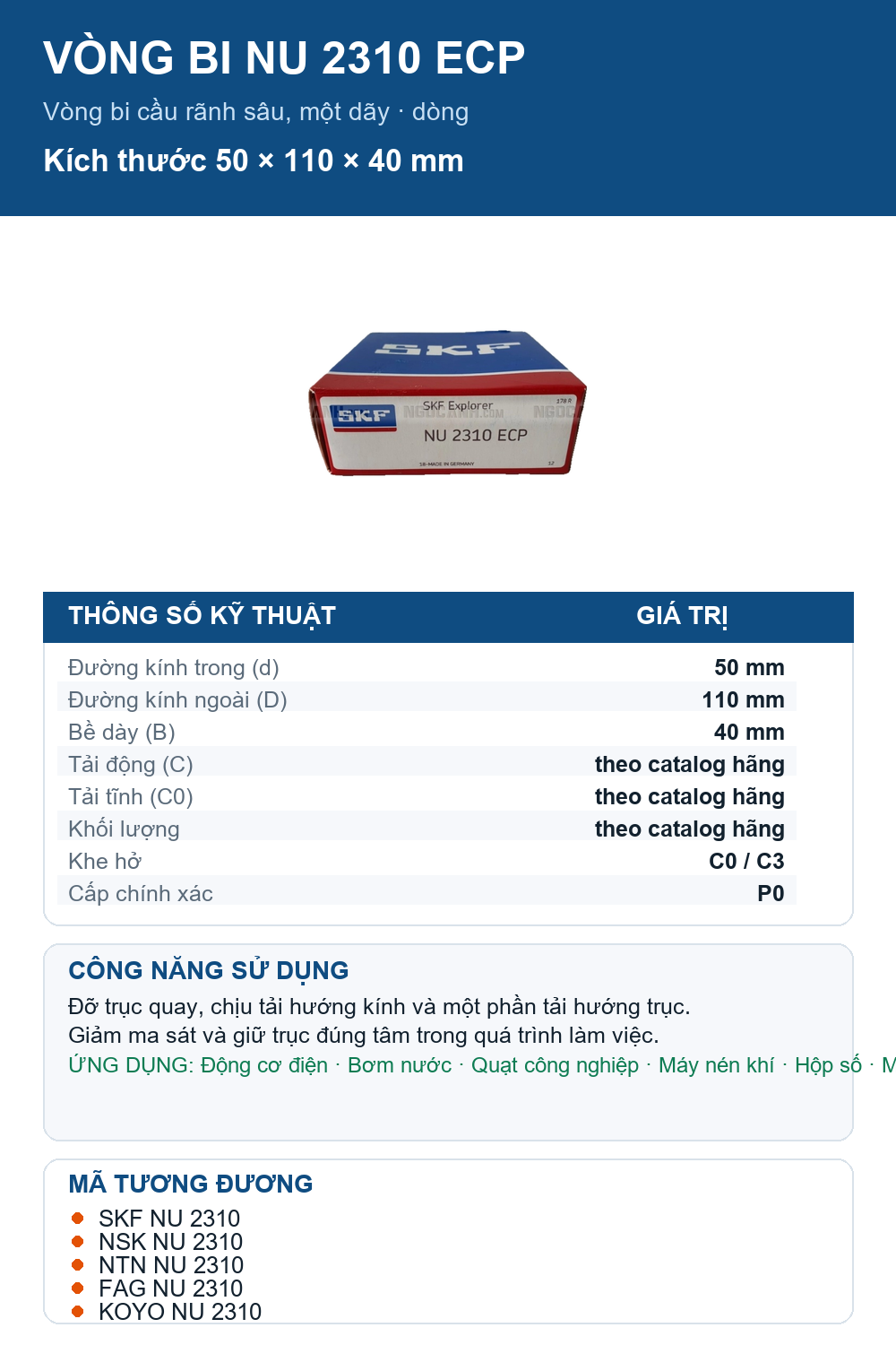 Vòng bi SKF NU 2310 ECP 50x110x40mm — Ảnh thông số (Pinterest)