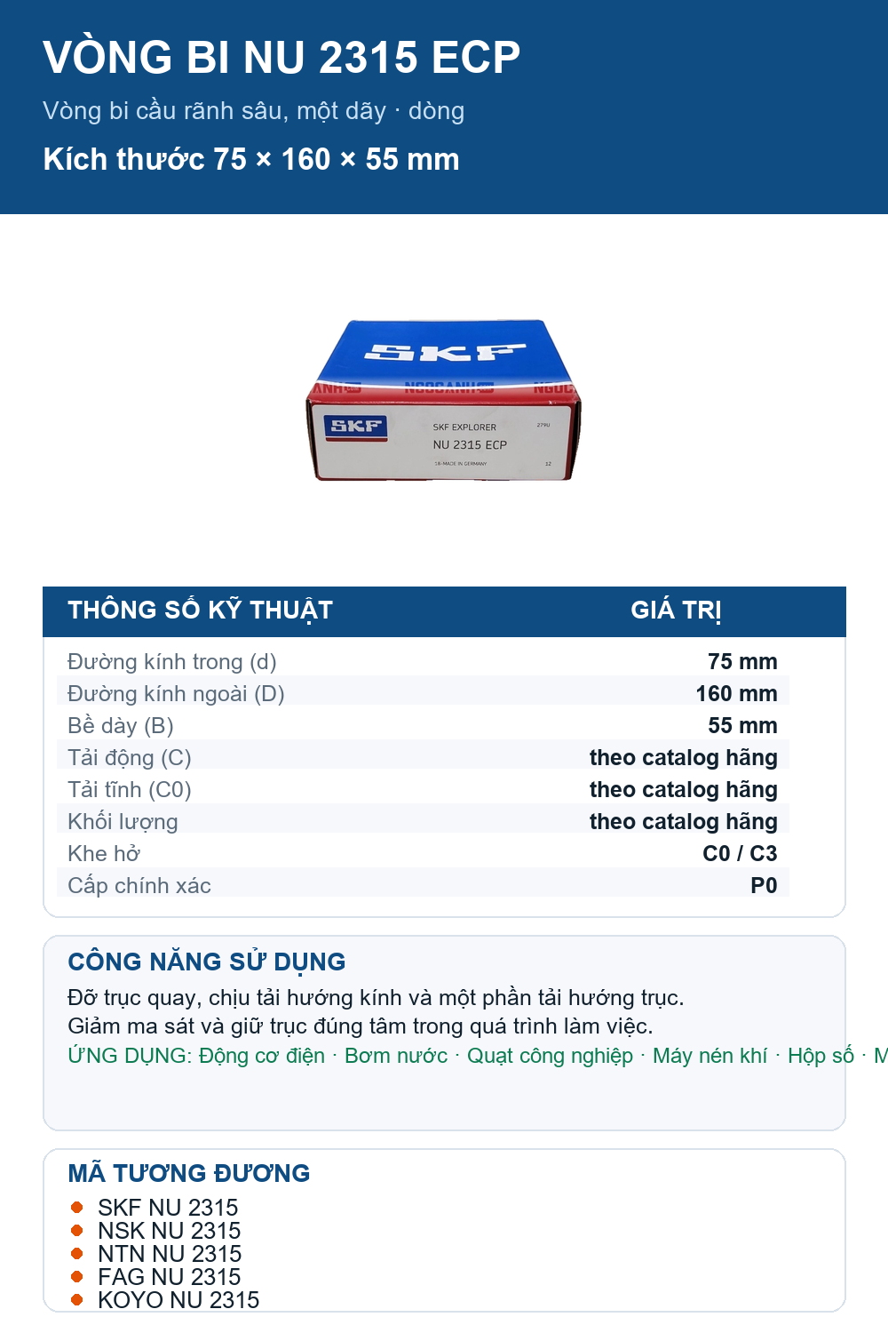 Vòng bi SKF NU 2315 ECP 75x160x55mm — Ảnh thông số (Pinterest)