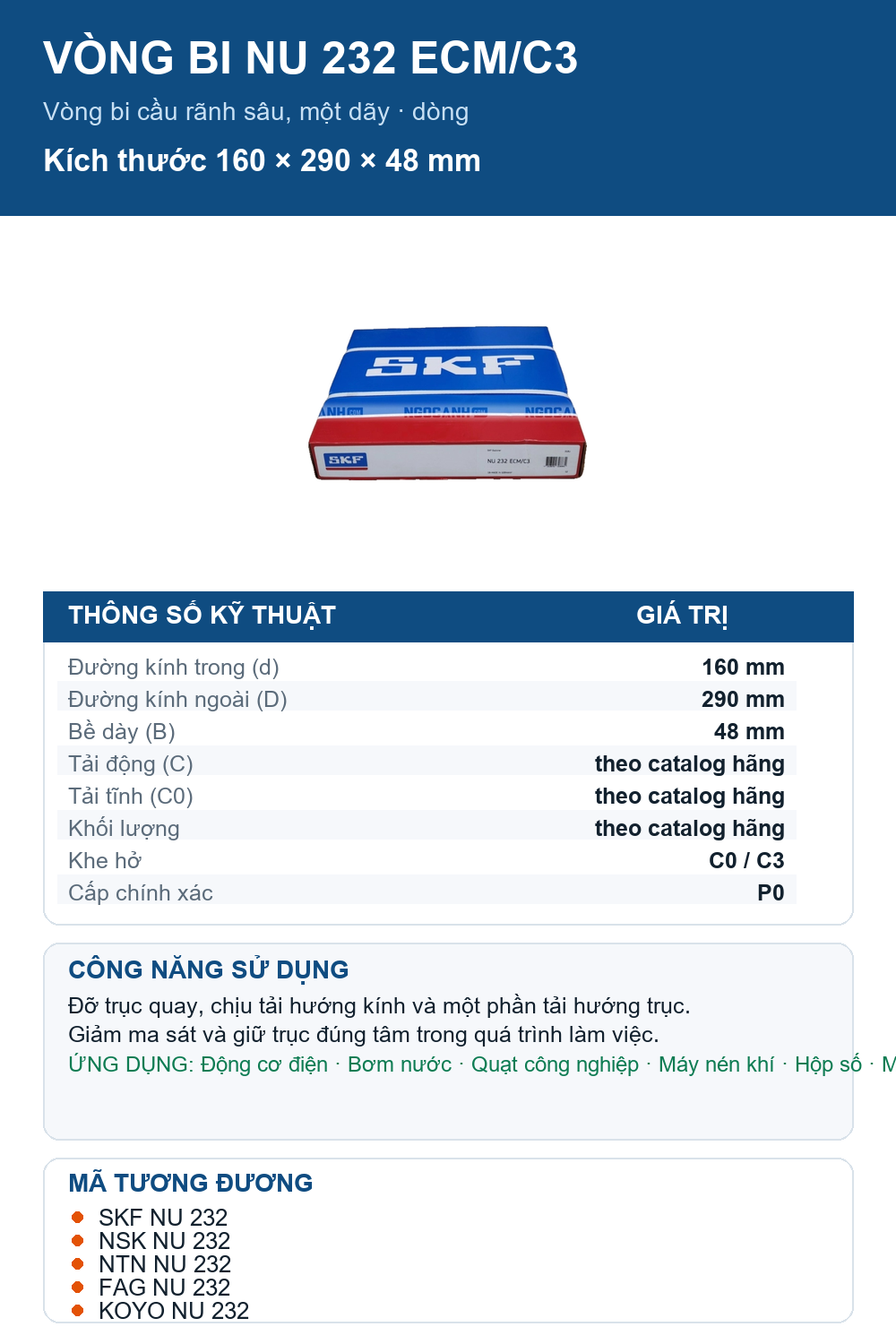 Vòng bi SKF NU 232 ECM/C3 160x290x48mm — Ảnh thông số (Pinterest)