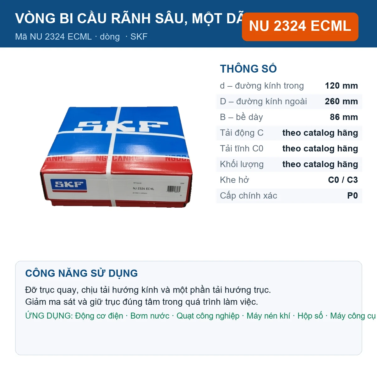 Vòng bi SKF NU 2324 ECML 120x260x86mm — Ảnh đăng sản phẩm (web)