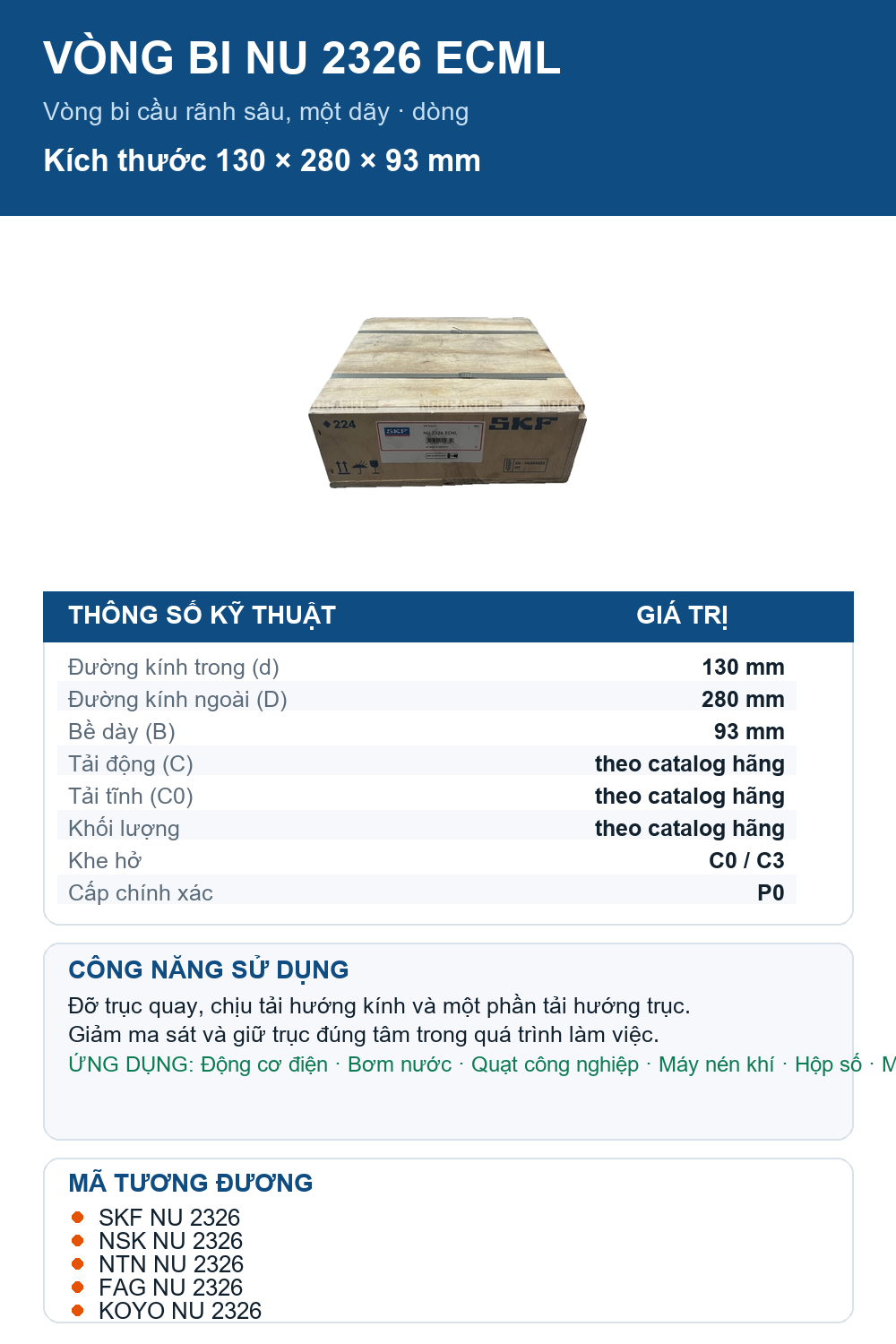 Vòng bi SKF NU 2326 ECML 130x280x93mm — Ảnh thông số (Pinterest)