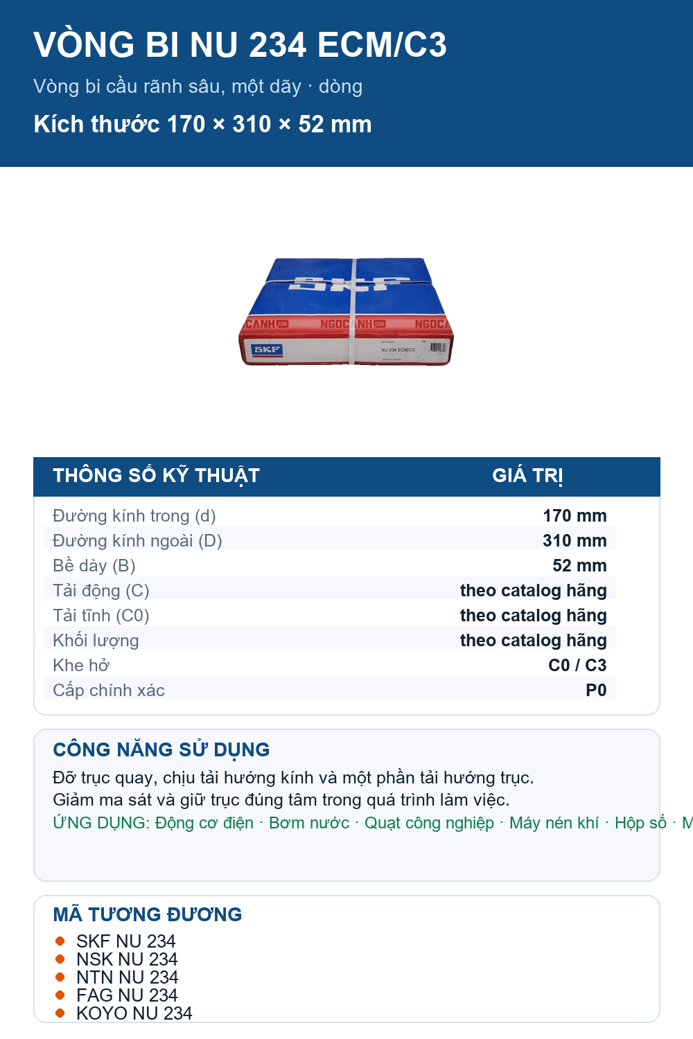 Vòng bi SKF NU 234 ECM/C3 170x310x52mm — Ảnh thông số (Pinterest)
