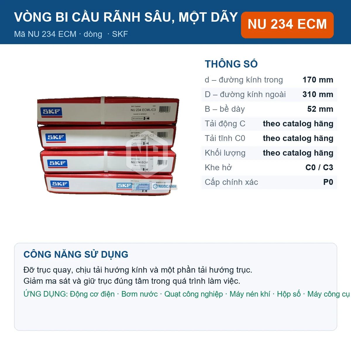 Vòng bi SKF NU 234 ECM — kích thước 170x310x52mm