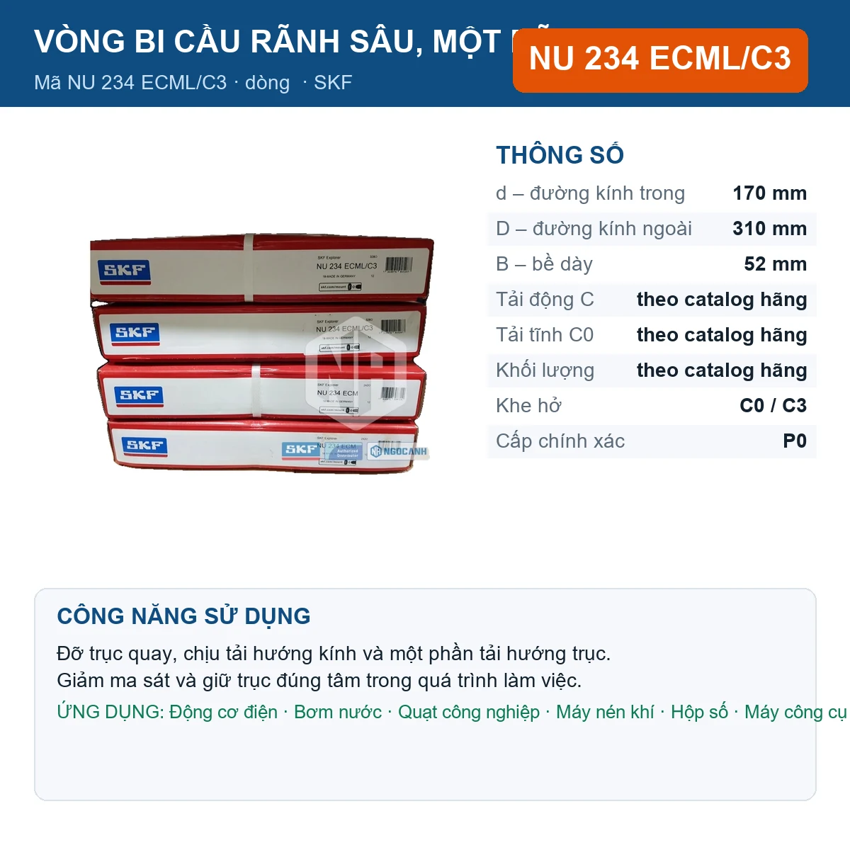 Vòng bi SKF NU 234 ECML/C3 — kích thước 170x310x52mm