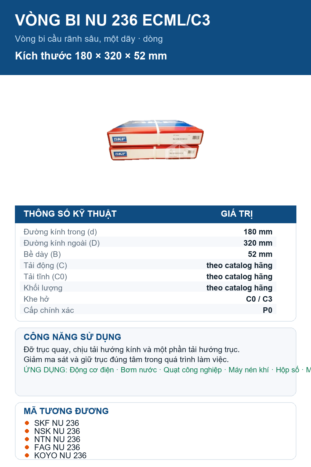 Vòng bi SKF NU 236 ECML/C3 180x320x52mm — Ảnh thông số (Pinterest)