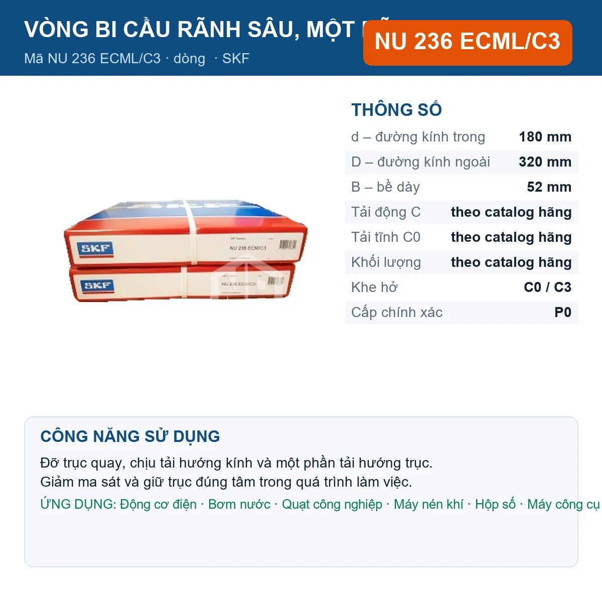 Vòng bi SKF NU 236 ECML/C3 — kích thước 180x320x52mm