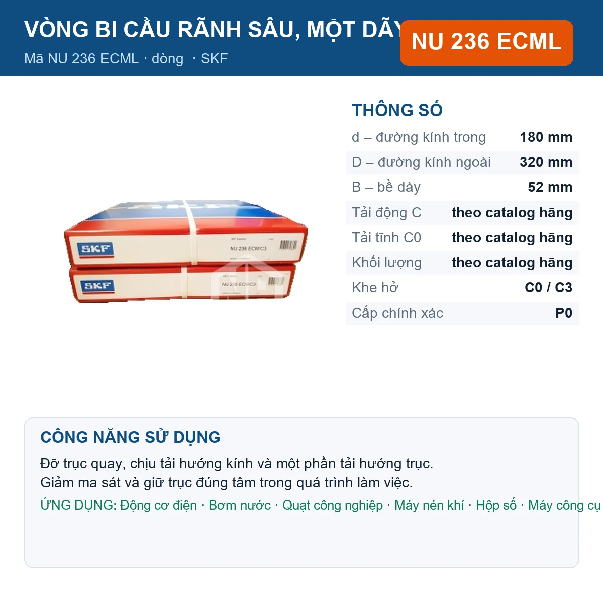 Vòng bi SKF NU 236 ECML — kích thước 180x320x52mm