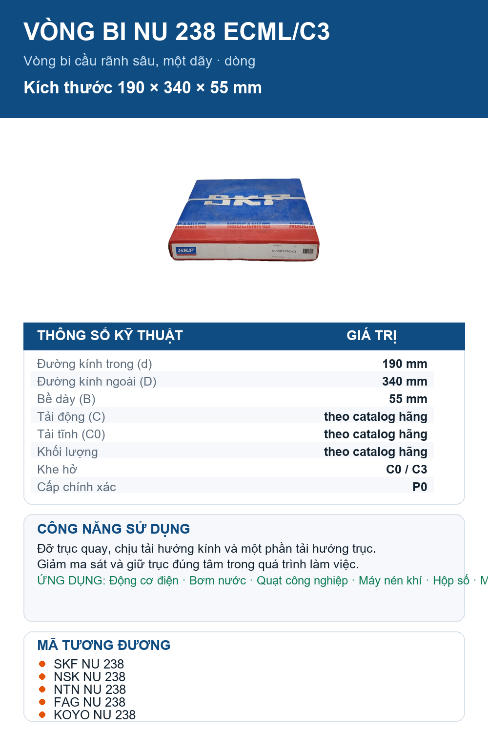 Vòng bi SKF NU 238 ECML/C3 190x340x55mm — Ảnh thông số (Pinterest)