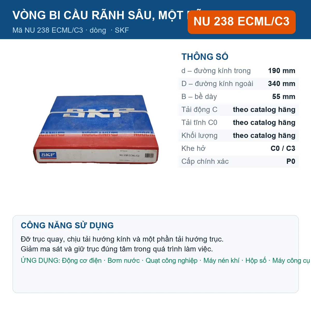 Vòng bi SKF NU 238 ECML/C3 190x340x55mm — Ảnh đăng sản phẩm (web)