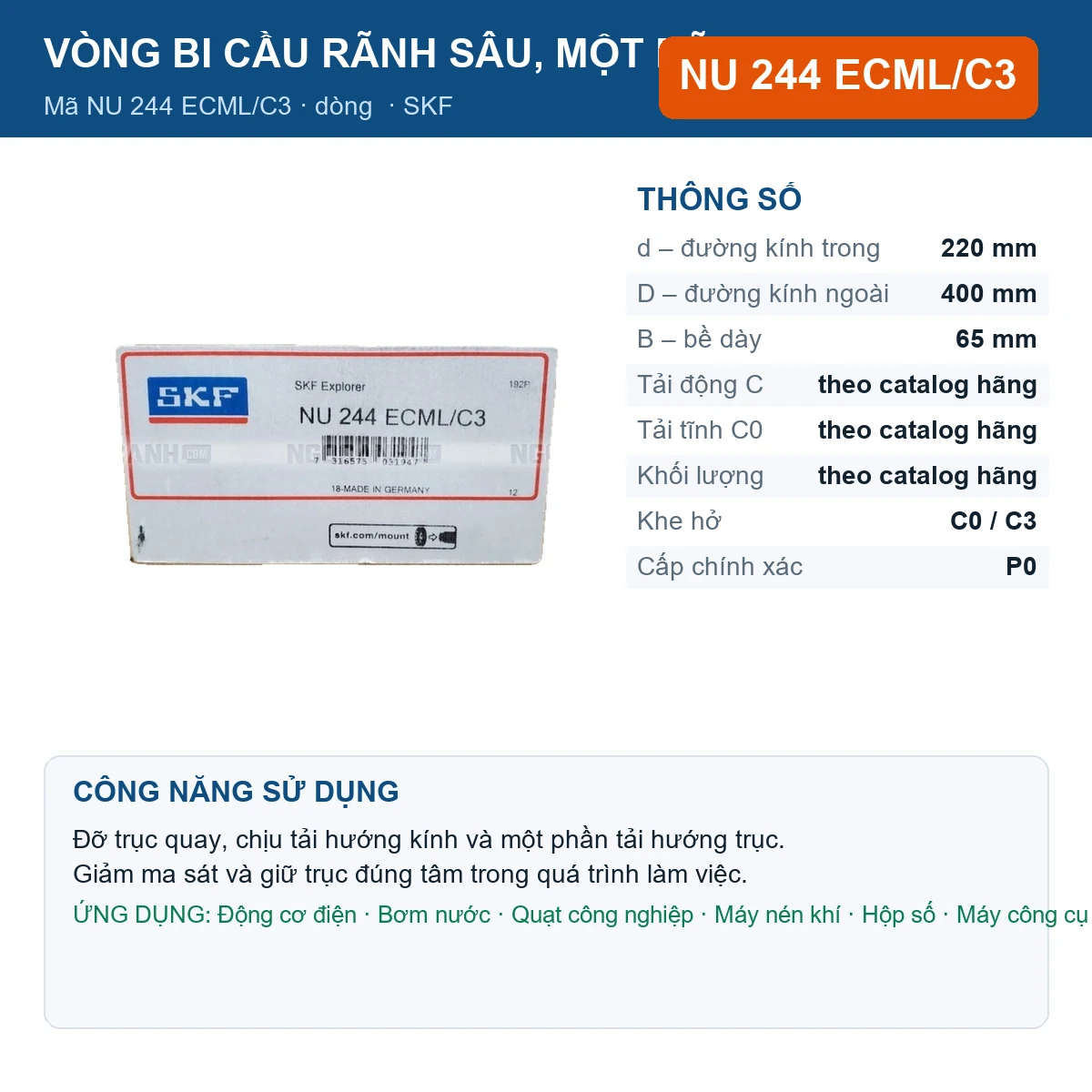 Vòng bi SKF NU 244 ECML/C3 220x400x65mm — Ảnh đăng sản phẩm (web)