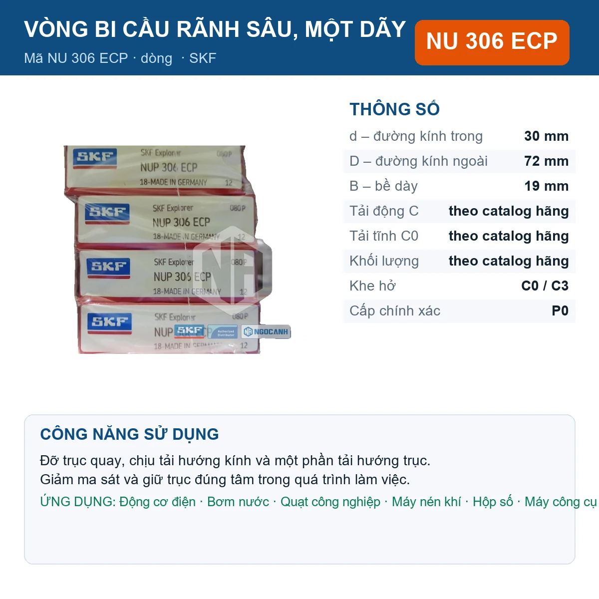 Vòng bi SKF NU 306 ECP — kích thước 30x72x19mm