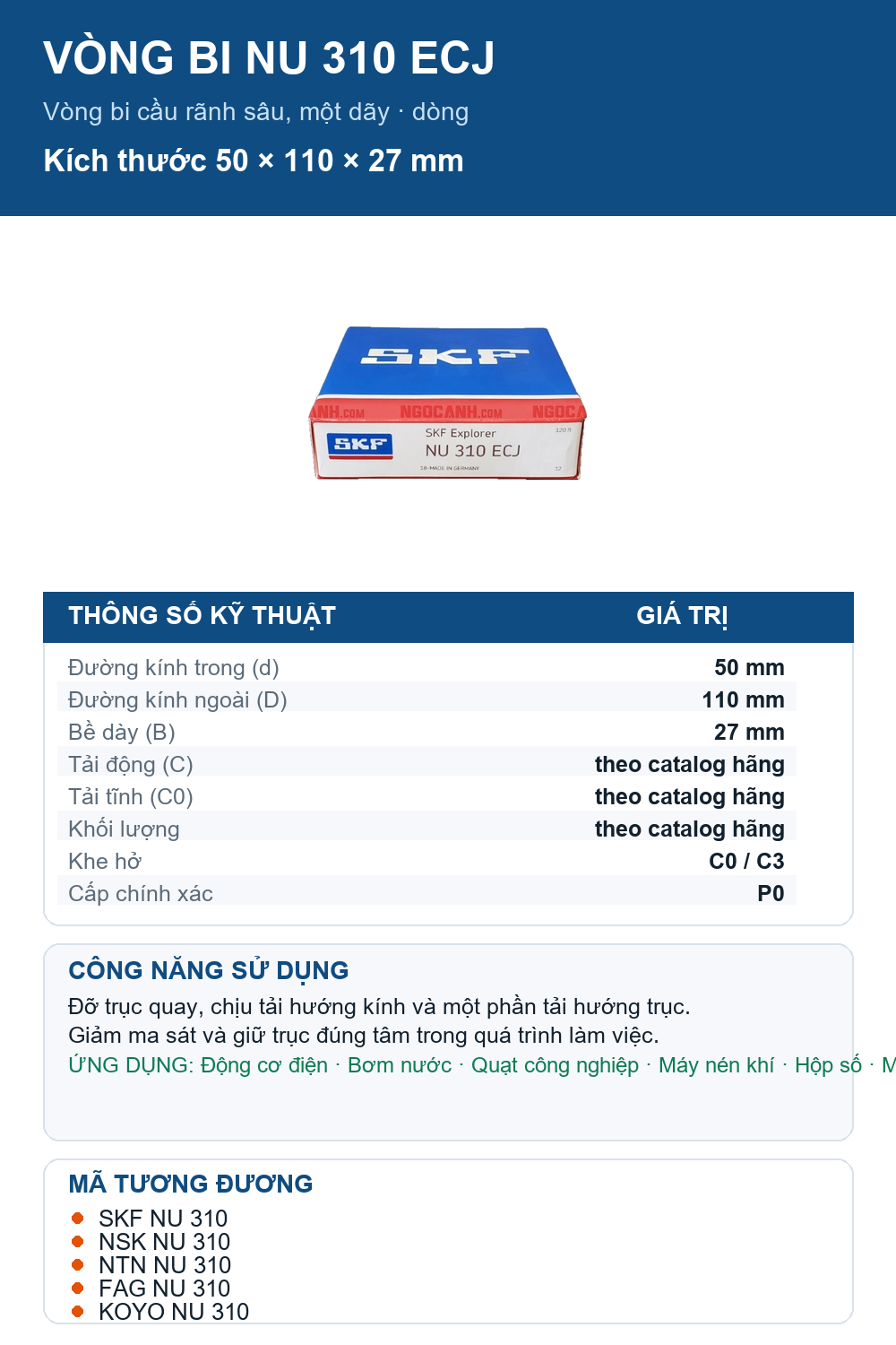 Vòng bi SKF NU 310 ECJ 50x110x27mm — Ảnh thông số (Pinterest)