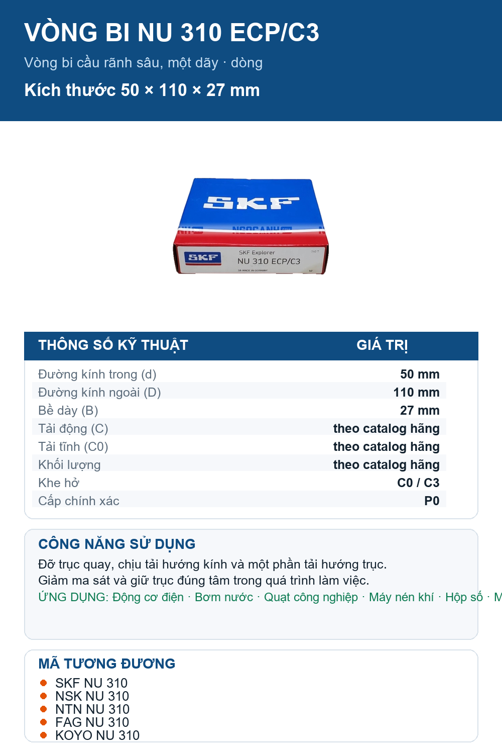 Vòng bi SKF NU 310 ECP/C3 50x110x27mm — Ảnh thông số (Pinterest)