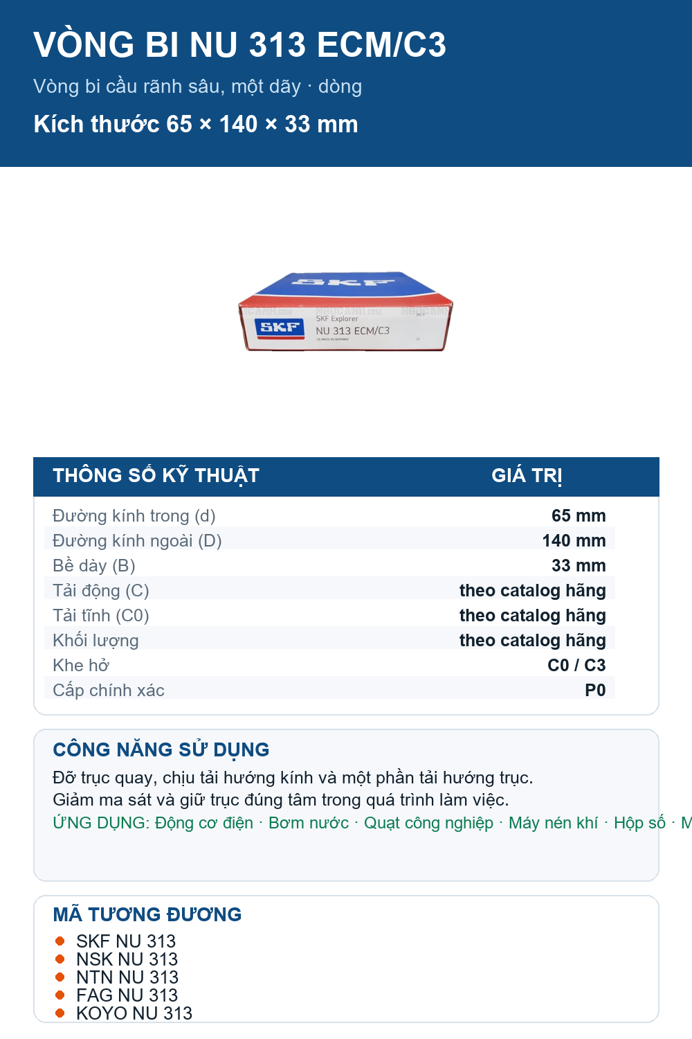 Vòng bi SKF NU 313 ECM/C3 65x140x33mm — Ảnh thông số (Pinterest)