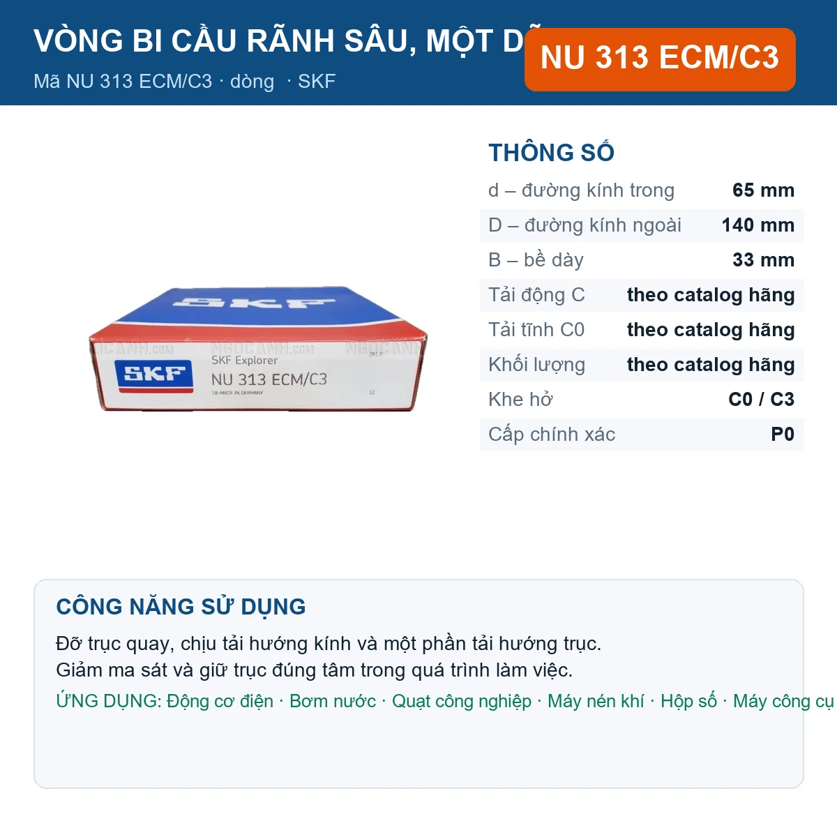 Vòng bi SKF NU 313 ECM/C3 — kích thước 65x140x33mm