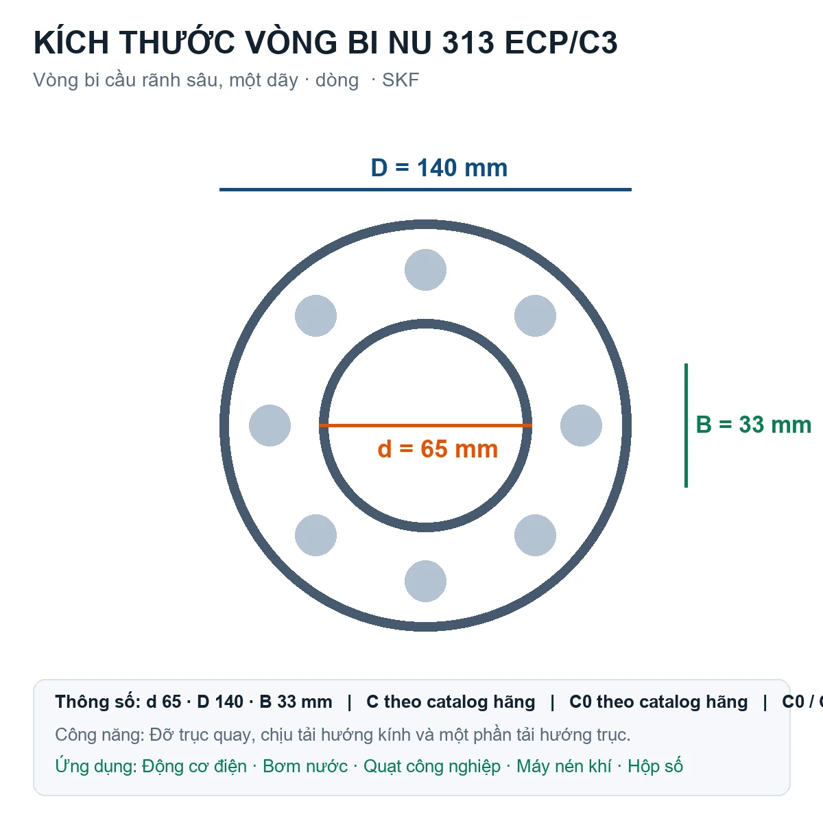 Vòng bi SKF NU 313 ECP/C3 65x140x33mm — Bản vẽ kích thước (Google Images)