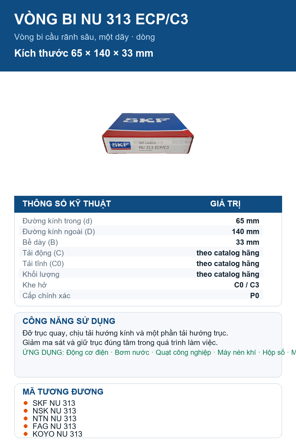 Vòng bi SKF NU 313 ECP/C3 65x140x33mm — Ảnh thông số (Pinterest)