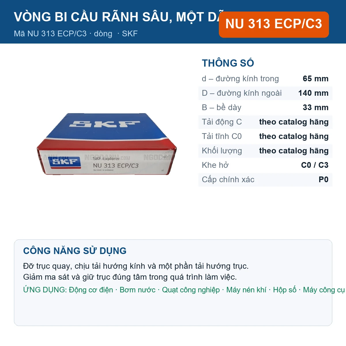 Vòng bi SKF NU 313 ECP/C3 — kích thước 65x140x33mm