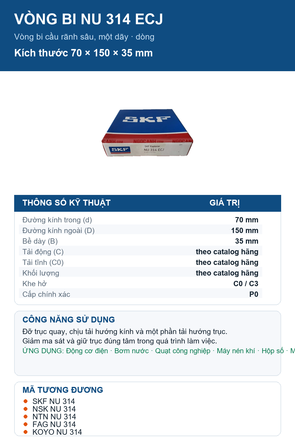 Vòng bi SKF NU 314 ECJ 70x150x35mm — Ảnh thông số (Pinterest)