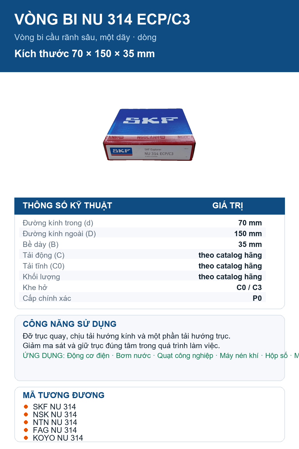 Vòng bi SKF NU 314 ECP/C3 70x150x35mm — Ảnh thông số (Pinterest)