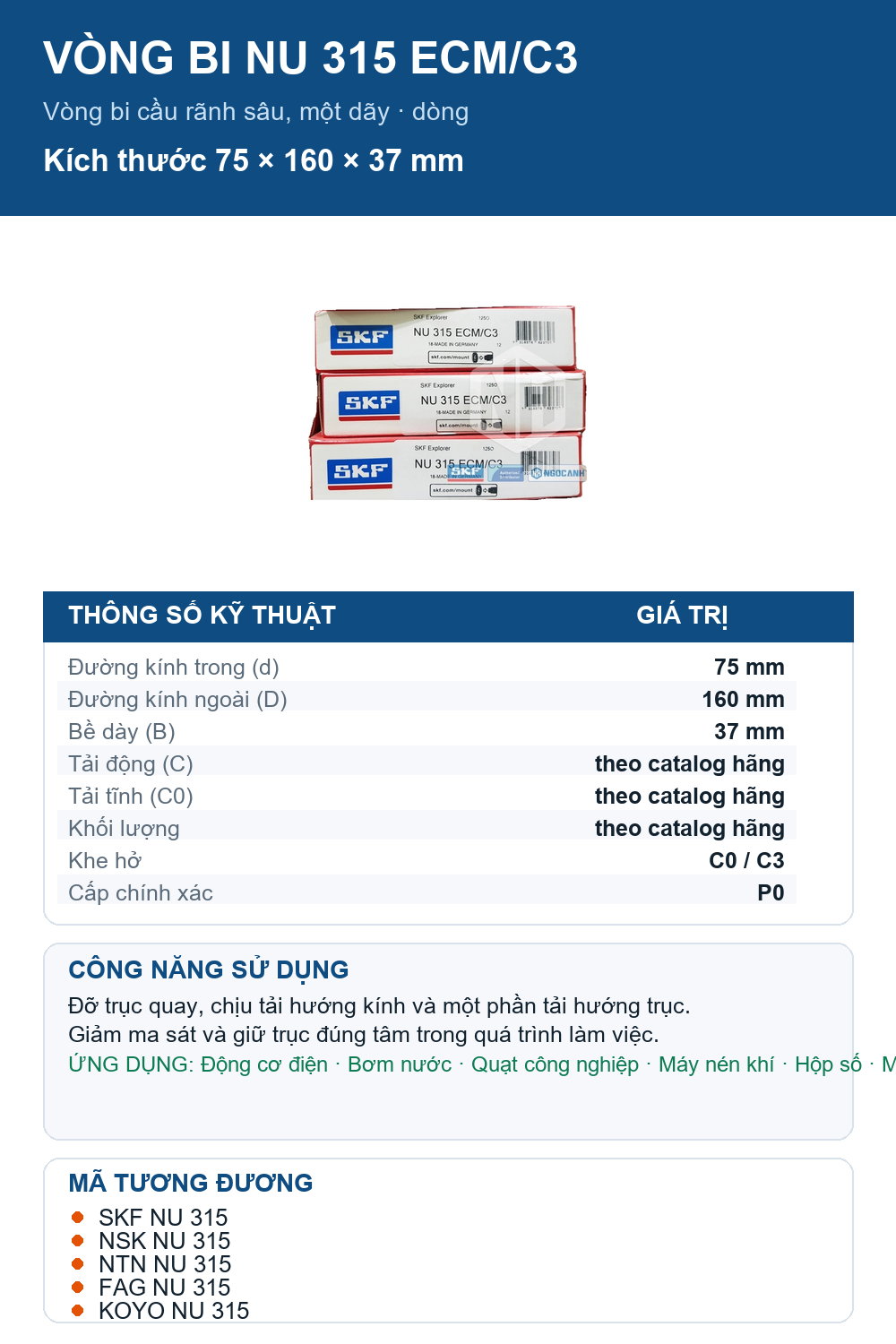 Vòng bi SKF NU 315 ECM/C3 75x160x37mm — Ảnh thông số (Pinterest)