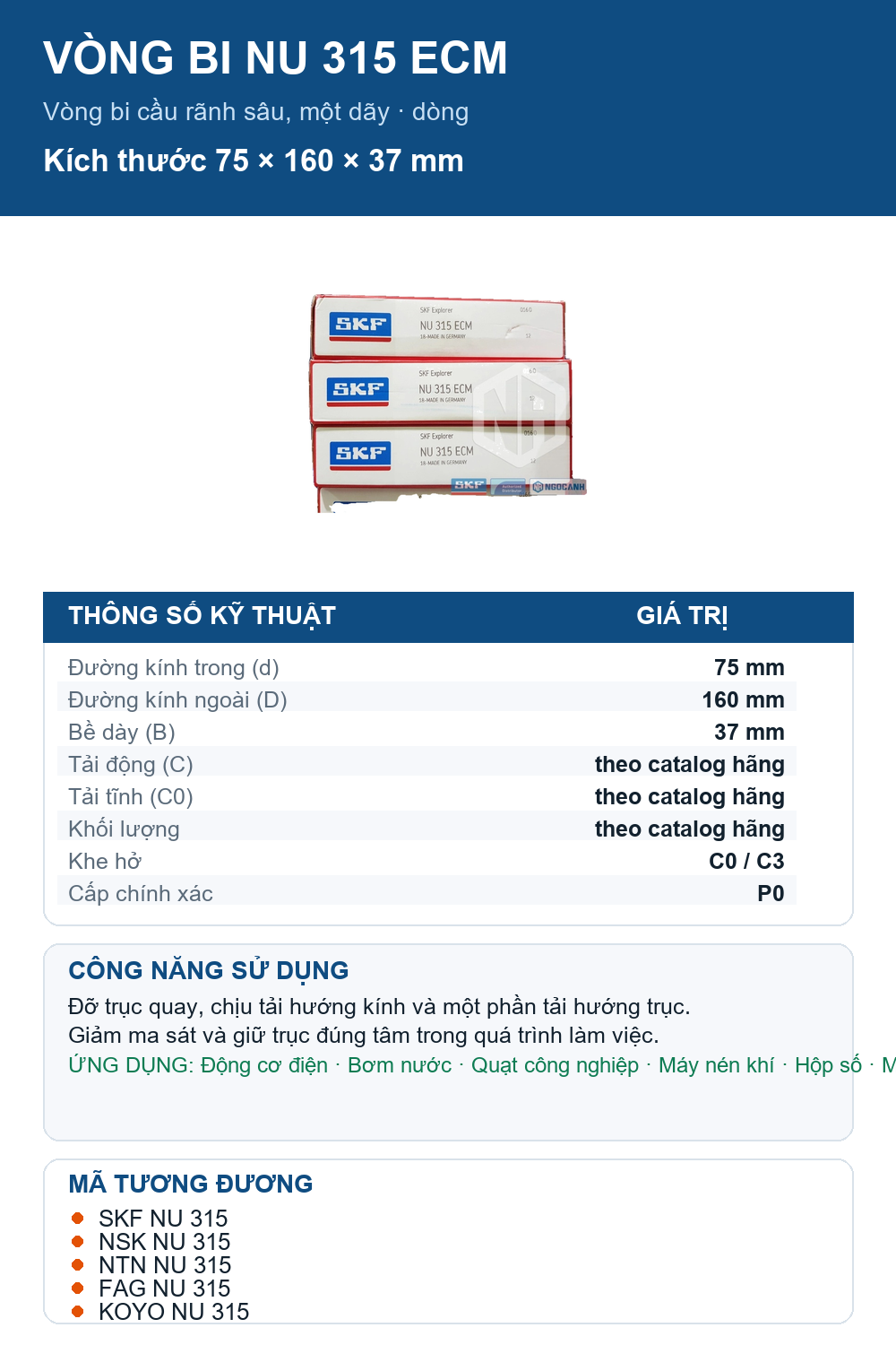 Vòng bi SKF NU 315 ECM 75x160x37mm — Ảnh thông số (Pinterest)