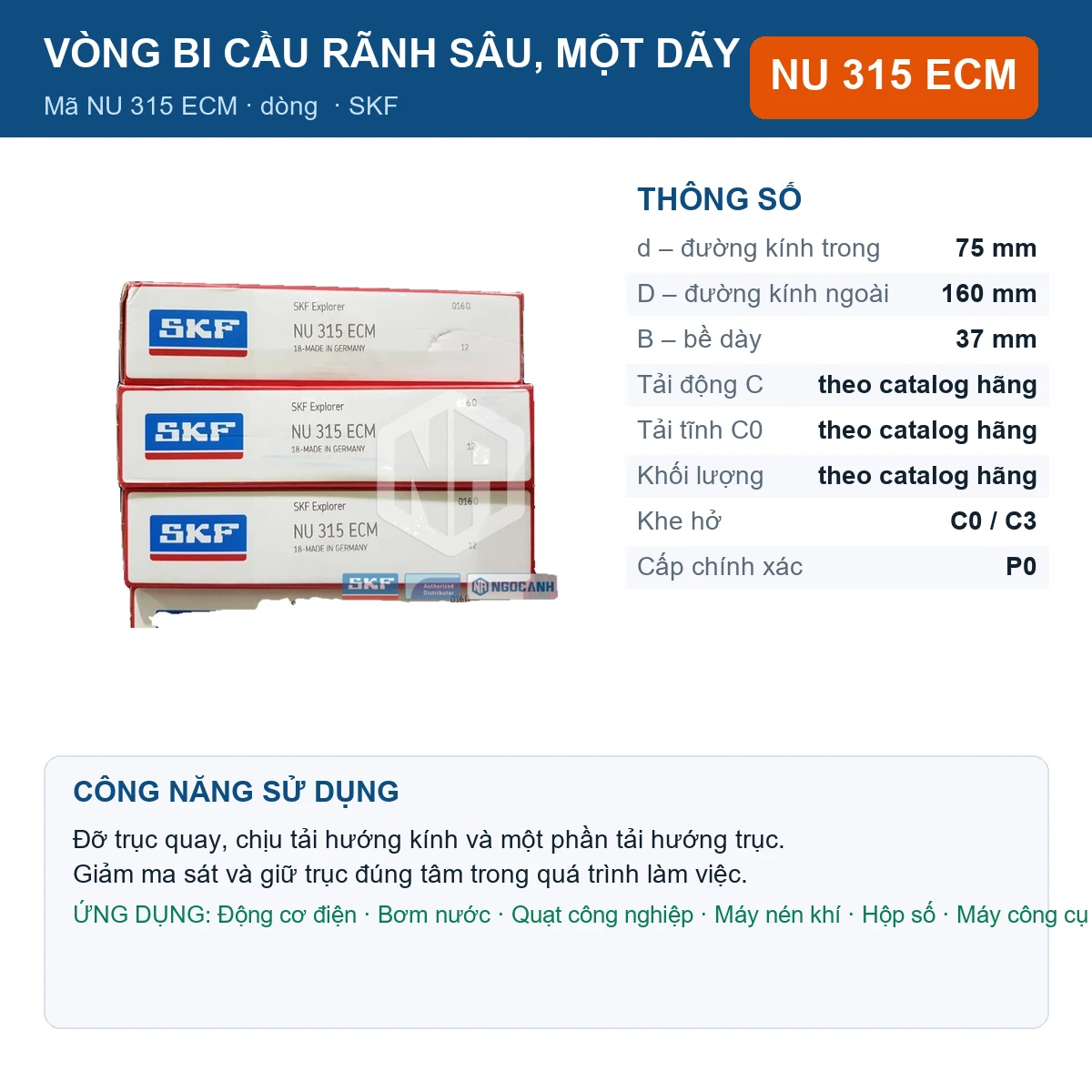 Vòng bi SKF NU 315 ECM — kích thước 75x160x37mm