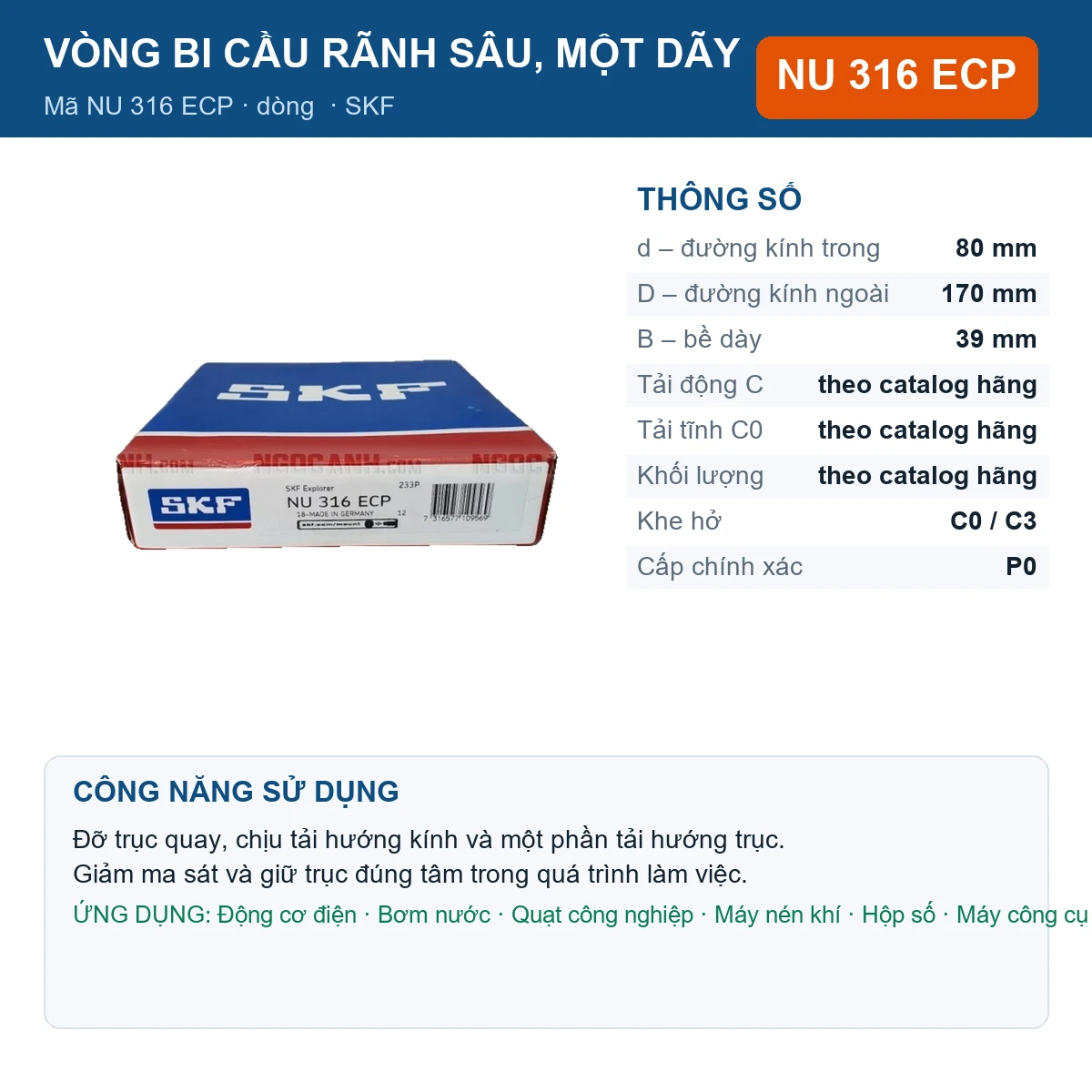 Vòng bi SKF NU 316 ECP 80x170x39mm — Ảnh đăng sản phẩm (web)