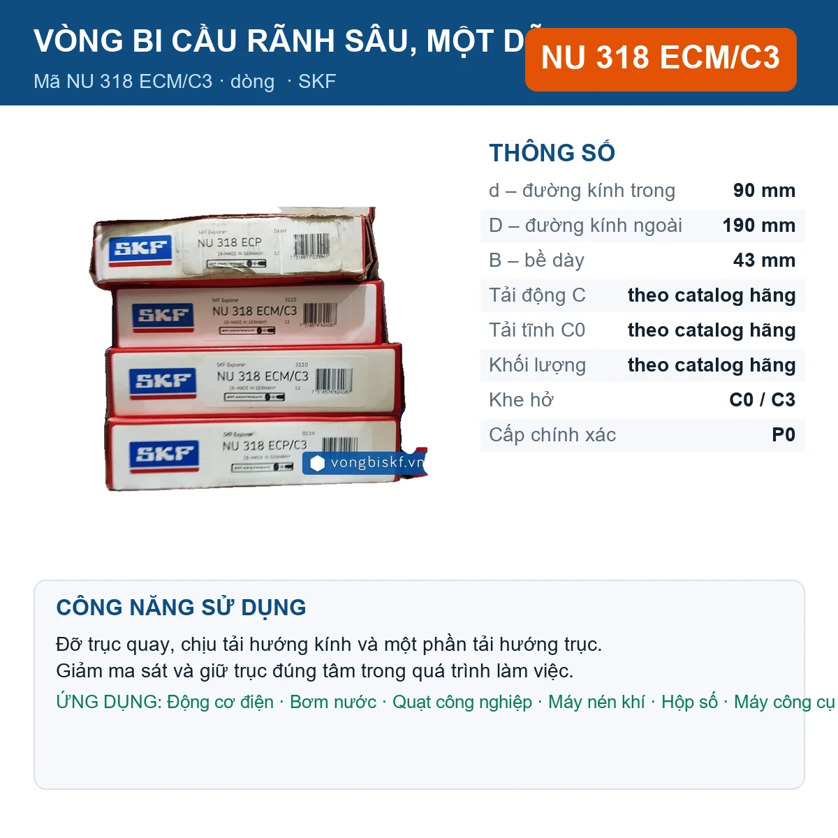 Vòng bi SKF NU 318 ECM/C3 — kích thước 90x190x43mm