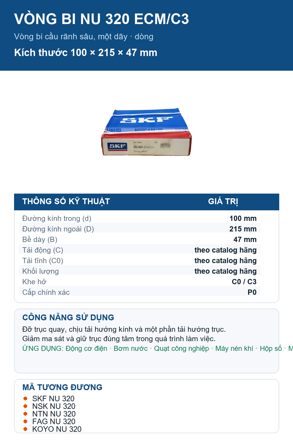 Vòng bi SKF NU 320 ECM/C3 100x215x47mm — Ảnh thông số (Pinterest)