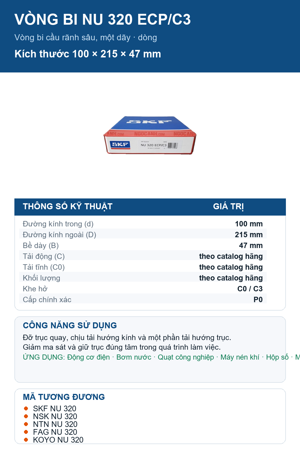 Vòng bi SKF NU 320 ECP/C3 100x215x47mm — Ảnh thông số (Pinterest)