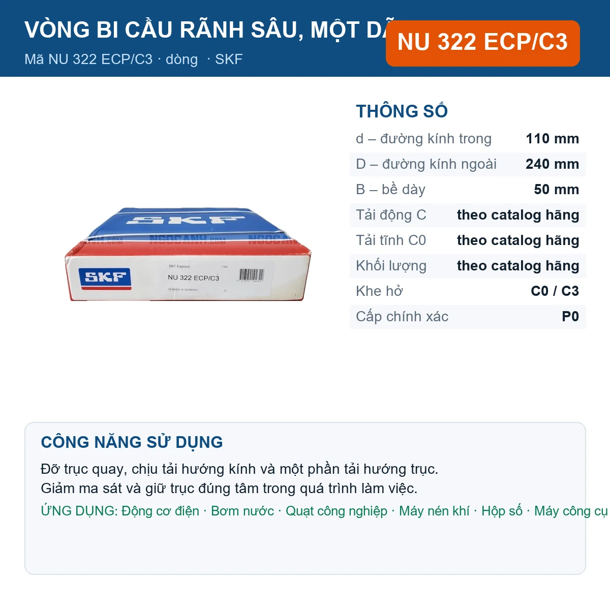 Vòng bi SKF NU 322 ECP/C3 — kích thước 110x240x50mm