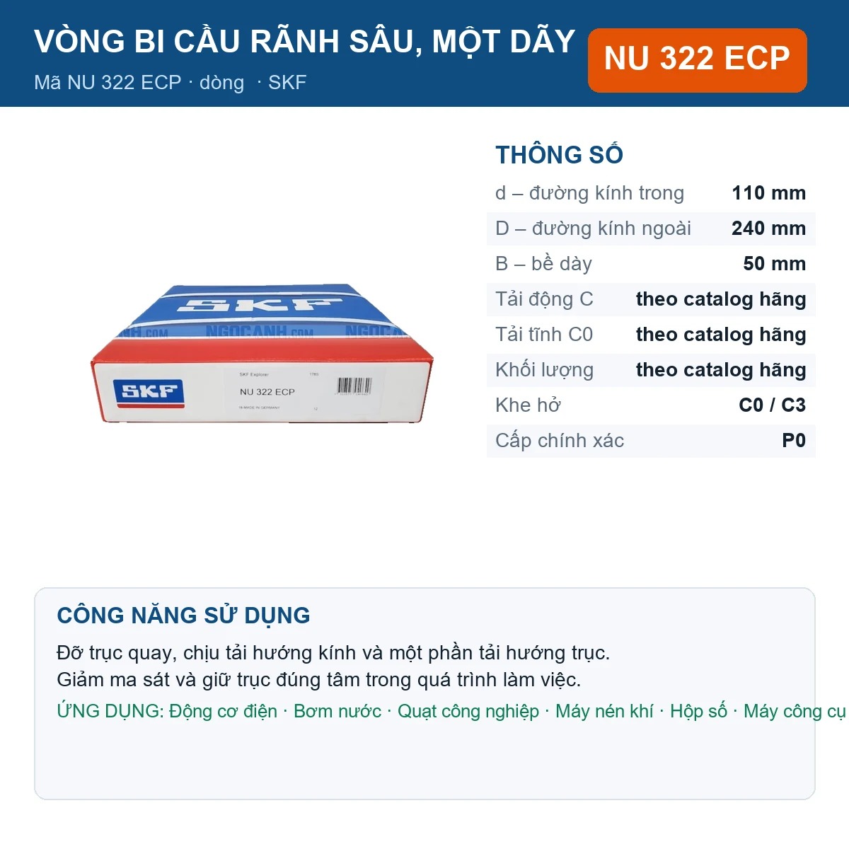 Vòng bi SKF NU 322 ECP — kích thước 110x240x50mm