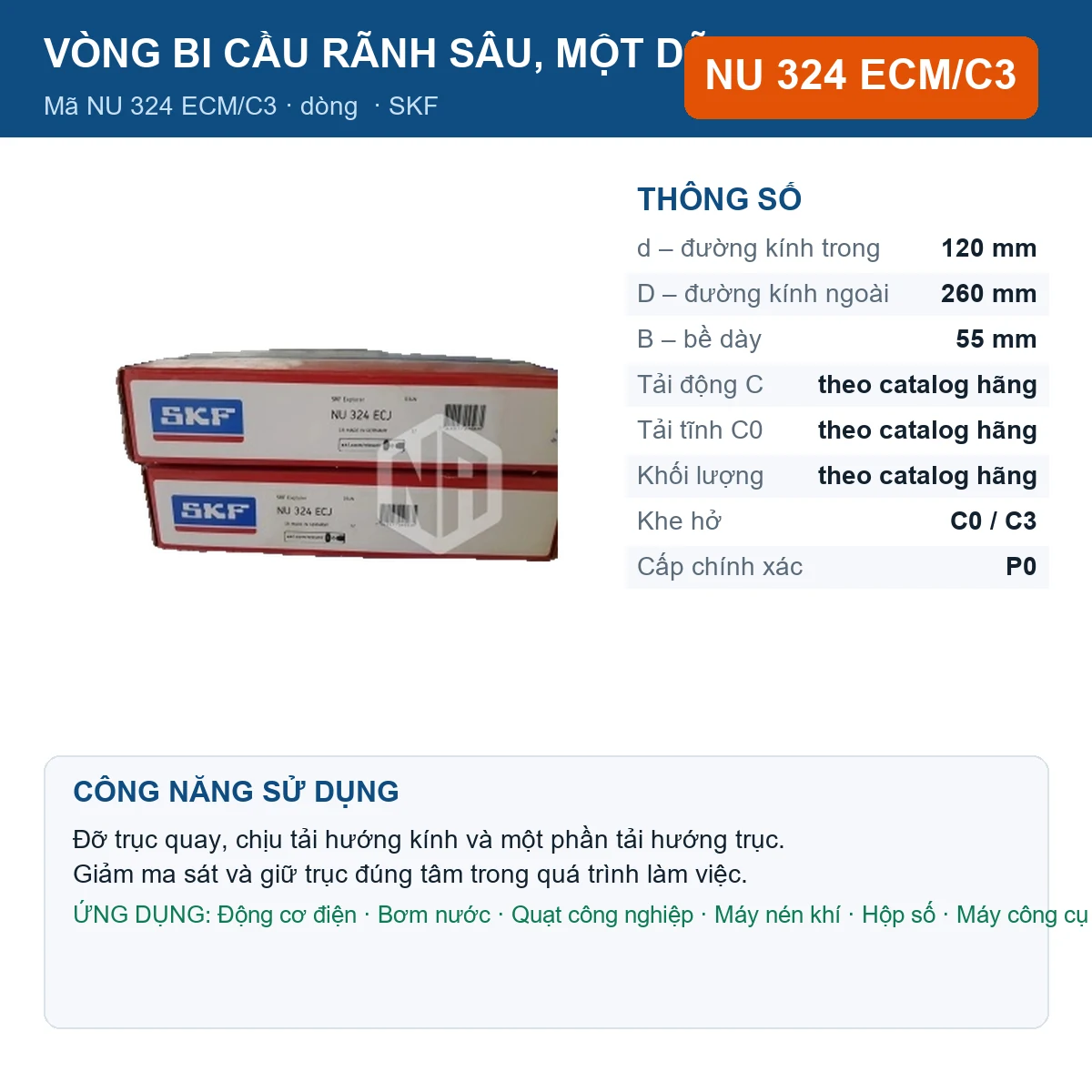 Vòng bi SKF NU 324 ECM/C3 — kích thước 120x260x55mm