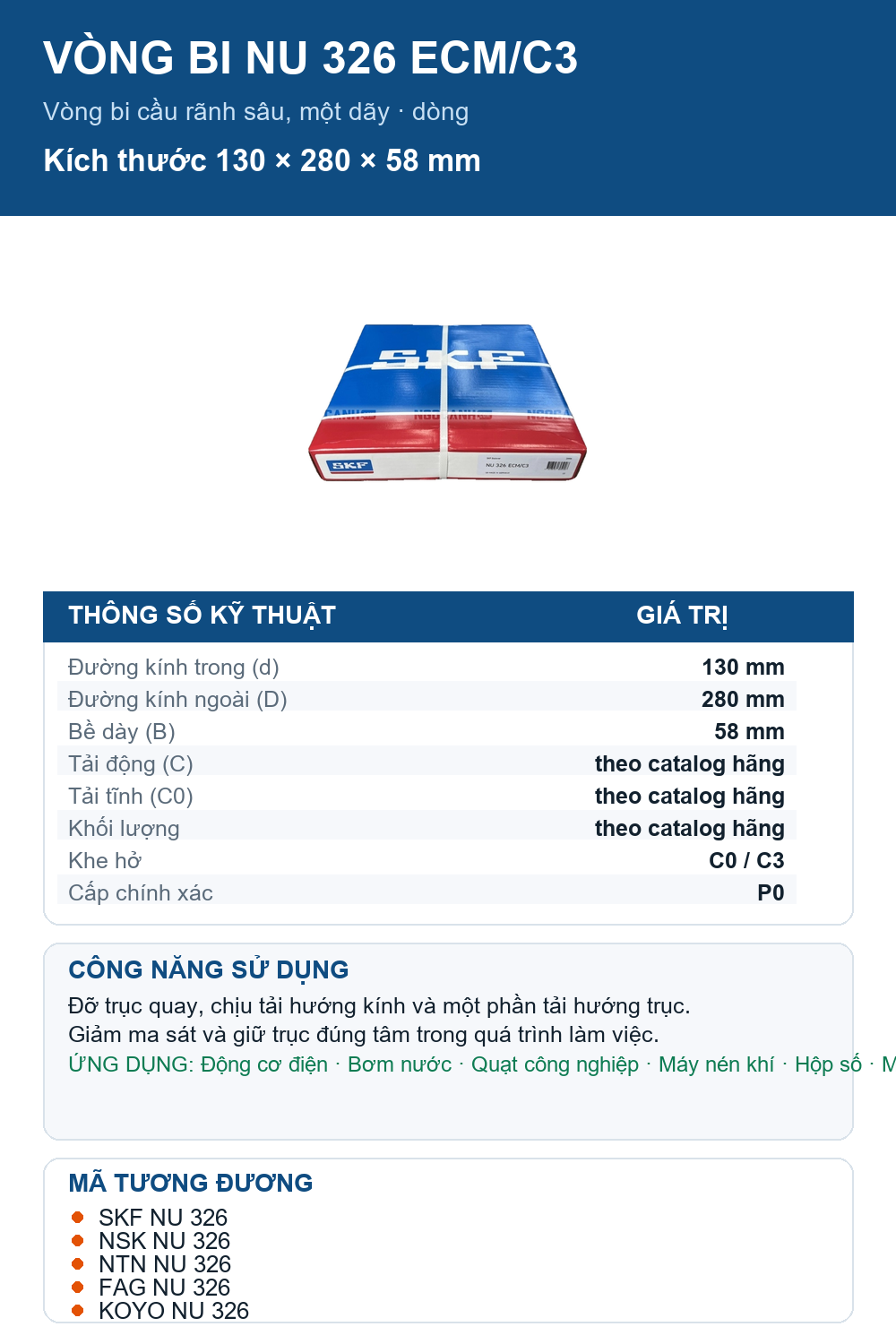 Vòng bi SKF NU 326 ECM/C3 130x280x58mm — Ảnh thông số (Pinterest)
