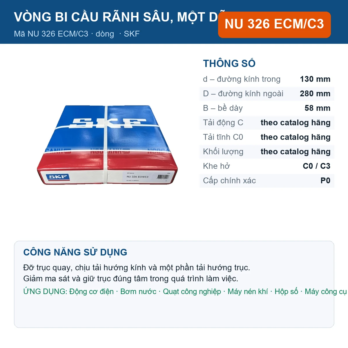 Vòng bi SKF NU 326 ECM/C3 130x280x58mm — Ảnh đăng sản phẩm (web)
