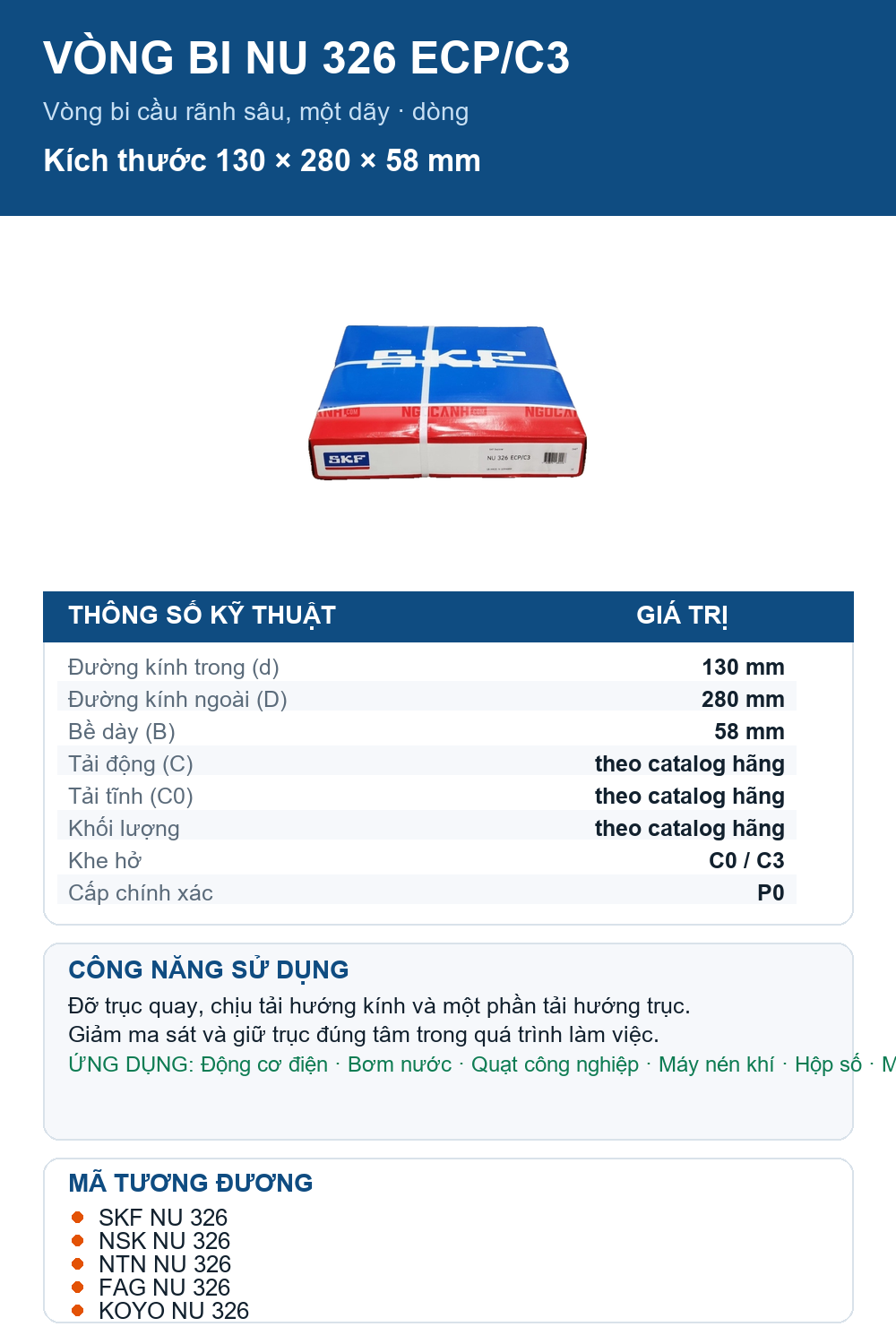 Vòng bi SKF NU 326 ECP/C3 130x280x58mm — Ảnh thông số (Pinterest)